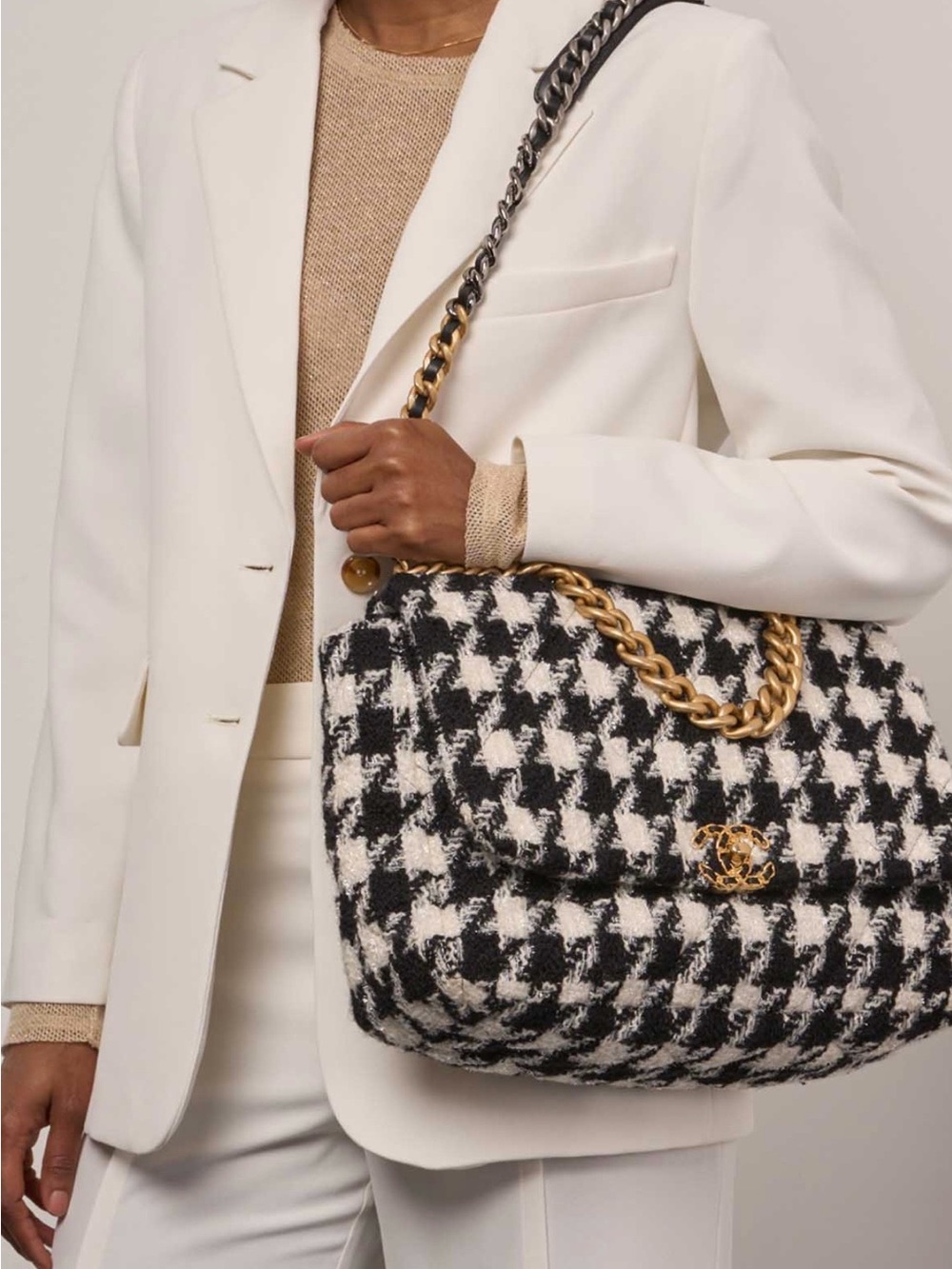 Chanel Black & White Houndstooth Chain-Handle Shoulder Bag Maxi